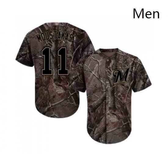 Mens Milwaukee Brewers 11 Mike Moustakas Authentic Camo Realtree Collection Flex Base Baseball Jersey